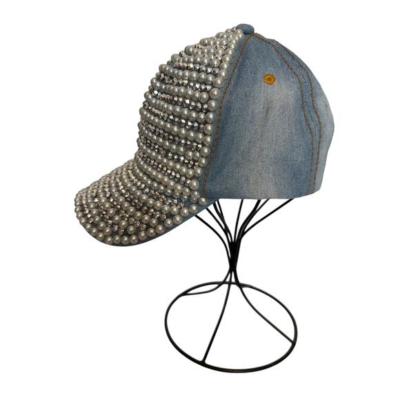 Chic Embellished Faux Pearl Rhinestone Ltwash Distressed Denim Baseball Cap Hat - Picture 1 of 9